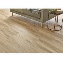 Wohnzimmer mit hellem Holzboden, Sofa und Beistelltisch.