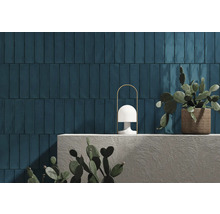 Wandgestaltung mit blauen Fliesen, Lampe und Kaktus