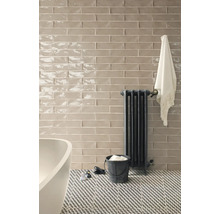 Badezimmer mit Wandfliesen, Heizkörper und Badewanne.