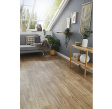 Heller Raum mit Laminatboden, Sofa und Holzregal