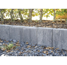 Gartenlandschaft mit grauen Rasenkantensteinen und Baumreihe