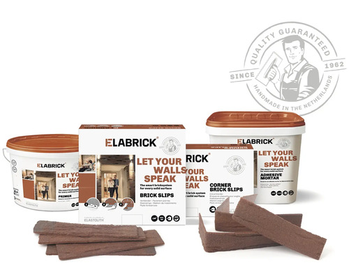 Produktbild 5 (groß) Elabrick Produktsortiment mit Riemchen, Eckriemchen, Primer und Klebemörtel