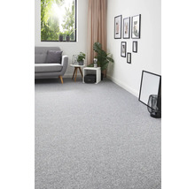 Heller Wohnraum mit grauer Teppichauslegware, Sofa und Dekoration