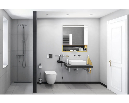 Badezimmer mit Dusche, Toilette, Waschtisch und Spiegelschrank.
