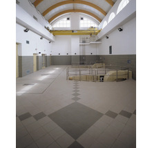 Innenansicht eines großen Raumes mit Fliesenboden, Kran und Fenstern