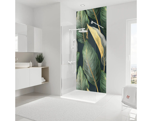 Badezimmer mit Dusche, Duscharmatur und Rückwand mit Pflanzenmotiv