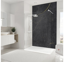 Helles Badezimmer mit Dusche, Duschpaneel mit Marmoroptik und Waschtisch
