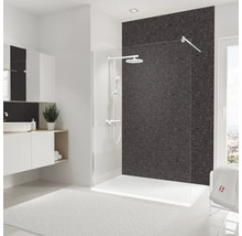 Helles Badezimmer mit Duschkabine, Waschbecken und Badmöbeln