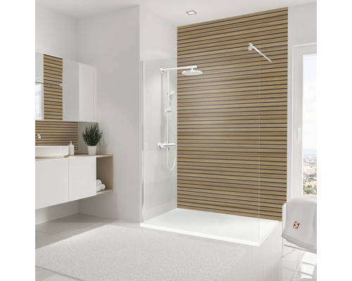 Modernes Badezimmer mit Dusche, Waschbecken und Holzverkleidung