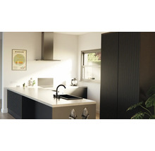 Küchenansicht mit Kücheninsel, Spüle, Dunstabzugshaube und Schrank