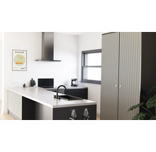 Moderne Küche mit Kücheninsel, Dunstabzugshaube und Vorratsschrank