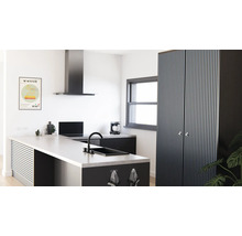 Moderne Küche mit Kochinsel, Dunstabzugshaube und Hochschrank