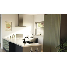 Helle Küche mit Kücheninsel, Spüle, Dunstabzugshaube und Schrank