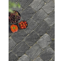 Verlegung von Pflastersteinen im Außenbereich zusammen mit Gemüse