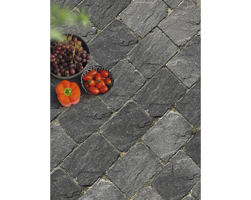 Verlegung von Pflastersteinen im Außenbereich zusammen mit Gemüse