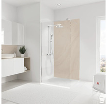 Badezimmer mit Dusche, Duscharmatur und Waschbecken auf einem Schrank
