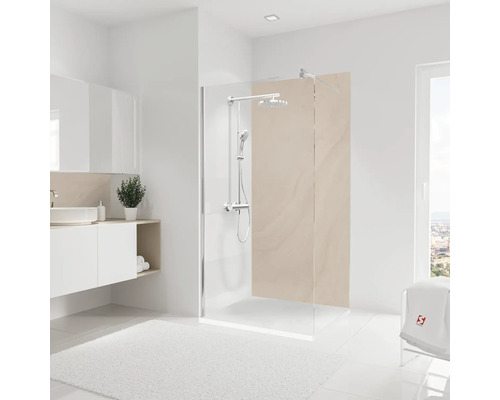 Modernes Badezimmer mit Duschkabine, Waschbecken und Spiegel