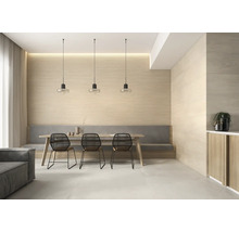 Helles Wohnzimmer mit Holzwandpaneelen, Esstisch, Stühlen und Beleuchtung