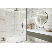 Modernes Badezimmer mit Marmorfliesen, Dusche und Waschtisch