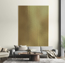 Wohnzimmer mit Akustikpaneel aus Holz an der Wand