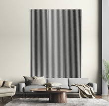 Wohnzimmer mit geriffelter Wandpaneele hinter einem Sofa