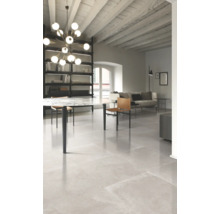 Heller Wohnraum mit Fliesenboden, Esstisch und Bücherregal