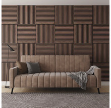 Wohnzimmer mit Sofa, Kissen, Decke, Lampe, Teppich und Wandpaneelen