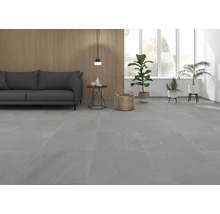 Wohnzimmer mit grauen Bodenfliesen, Sofa und Pflanzen.