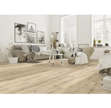 Heller Wohnraum mit Sofa, Tisch, Stuhl und Holzboden.