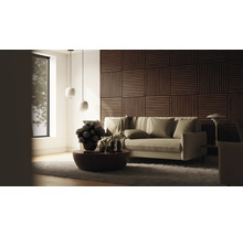 Wohnzimmer mit Sofa, Couchtisch, Pendelleuchten und Wandpaneelen in Holzoptik