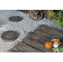 Szene mit Trittplatten aus Holz und runden Trittsteinen im Garten