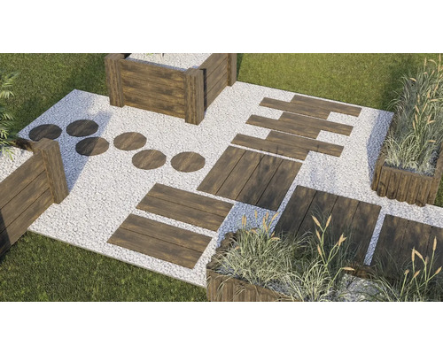 Gartenanlage mit Kies, Holzwegplatten und Hochbeeten