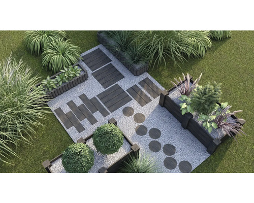 Vogelperspektive eines Gartens mit Kies, Pflanzen und Holzterrassen