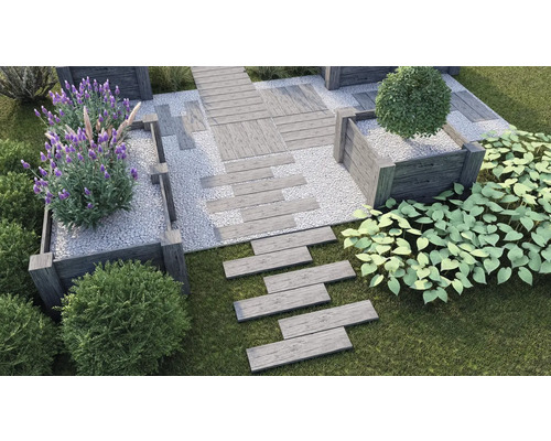 Gartenszene mit Holzwegen, Kiesbeeten und Pflanzen