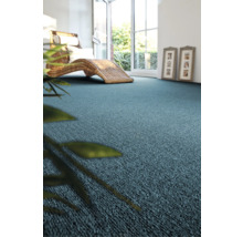 Blauer Teppichboden in einem hellen Raum mit Korbmöbeln und Zimmerpflanze