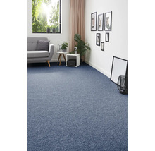 Wohnzimmer mit blauem Teppichboden, Sofa und Dekorationen