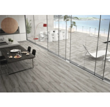 Heller, offener Raum mit Holzboden, Essbereich und Terrasse mit Meerblick.
