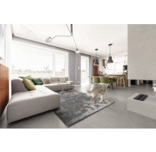 Helles Wohnzimmer mit Sofa, Teppich und Blick auf die Küche.