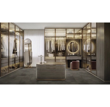 Ankleidezimmer mit Glasfrontschränken, Schminktisch und Spiegel