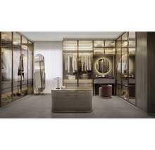 Begehbarer Kleiderschrank mit Regalen, Kleiderstangen, Spiegeln und Beleuchtung