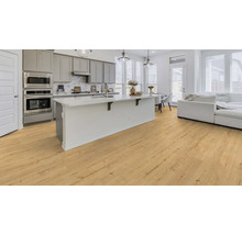 Helle Küche mit Holzboden, Kücheninsel und modernen Geräten