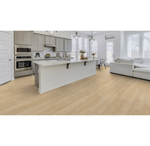 Heller Küchen- und Wohnbereich mit Kücheninsel und Holzboden