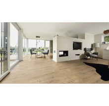 Helles Wohnzimmer mit Esstisch, Sesseln, Kamin und großem Fenster für viel Tageslicht.