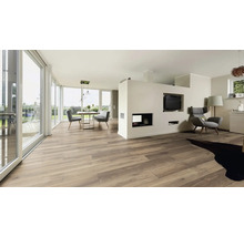 Heller Wohnraum mit Holzboden, Esstisch und Sesseln