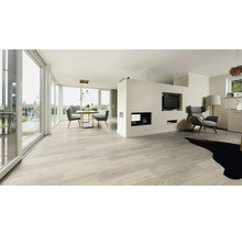 Heller Wohnraum mit Esstisch, Stühlen, Fernseher und hellem Holzboden.