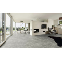 Heller Wohnraum mit grauem Bodenbelag, Esstisch und Sitzgelegenheit