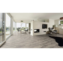 Helles Wohnzimmer mit Holzboden, Esstisch und Stühlen