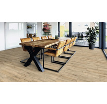 Helles Wohnzimmer mit Holzboden, Esstisch und Stühlen.