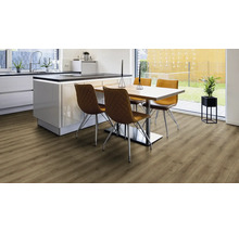 Helles Wohnzimmer mit Laminatboden, Esstisch und Stühlen