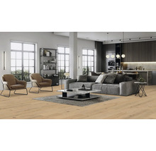 Heller Wohnraum mit Sofa, Sesseln, Bücherregal und Holzboden